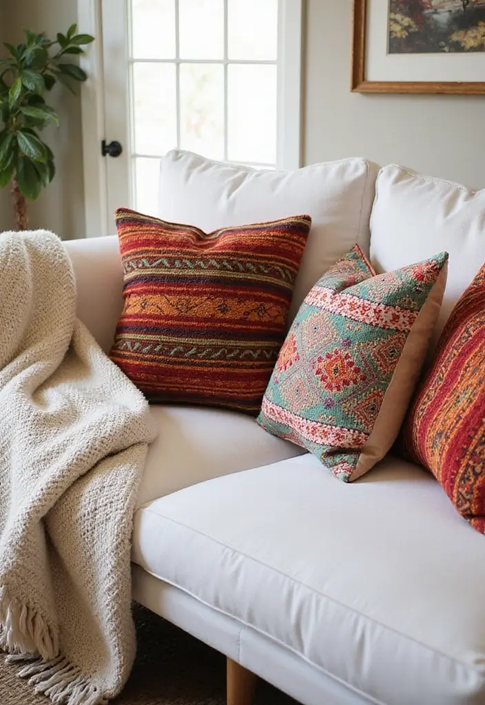 25 Pillows on White Couches That Brighten the Living Room 7 25 Pillows on White Couches That Brighten the Living Room - 7. Ethnic-Inspired Prints