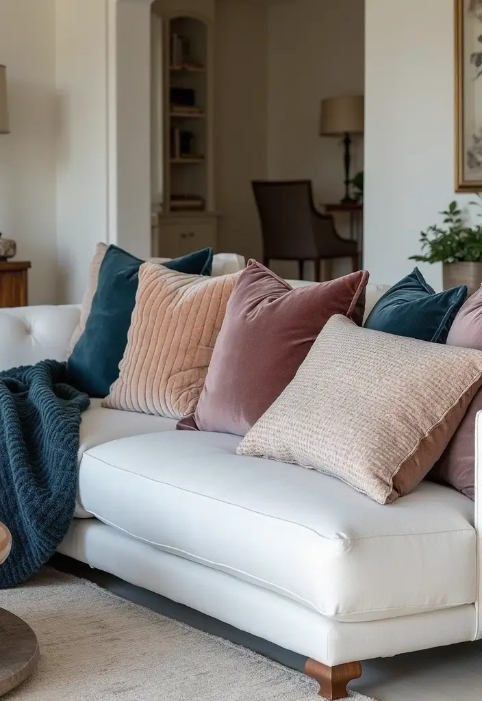 25 Pillows on White Couches That Brighten the Living Room 9 25 Pillows on White Couches That Brighten the Living Room - 9. Textured Velvet Accents