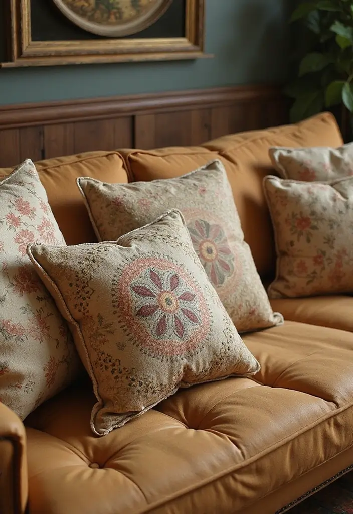 25 Tan Couch Pillow Ideas That Feel Neutral and Inviting 11 25 Tan Couch Pillow Ideas That Feel Neutral and Inviting - 11. Vintage-Inspired Pillows