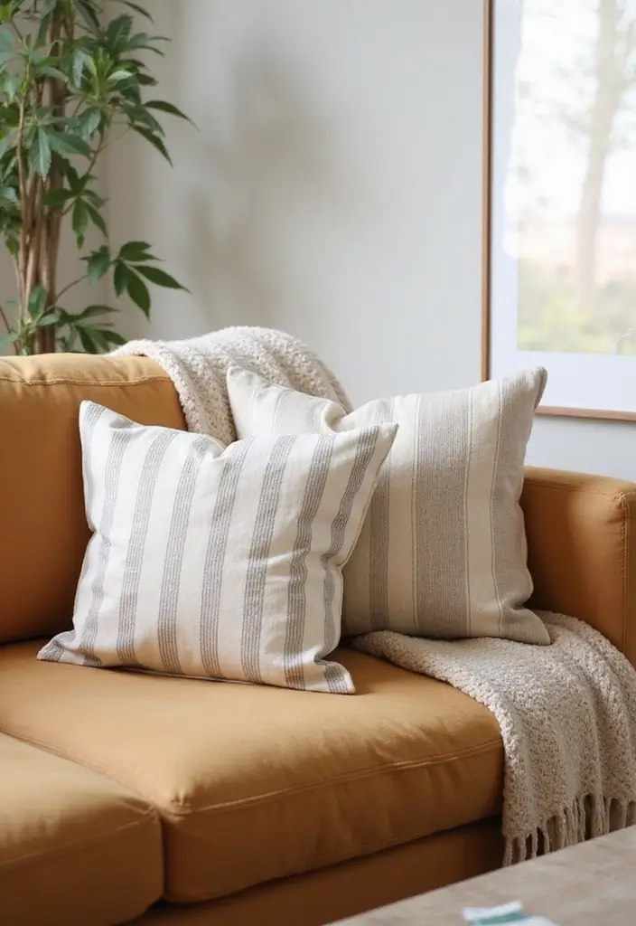 25 Tan Couch Pillow Ideas That Feel Neutral and Inviting 19 25 Tan Couch Pillow Ideas That Feel Neutral and Inviting - 19. Classic Stripe Pillows