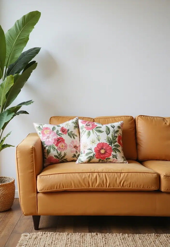 25 Tan Couch Pillow Ideas That Feel Neutral and Inviting 20 25 Tan Couch Pillow Ideas That Feel Neutral and Inviting - 20. Floral Prints