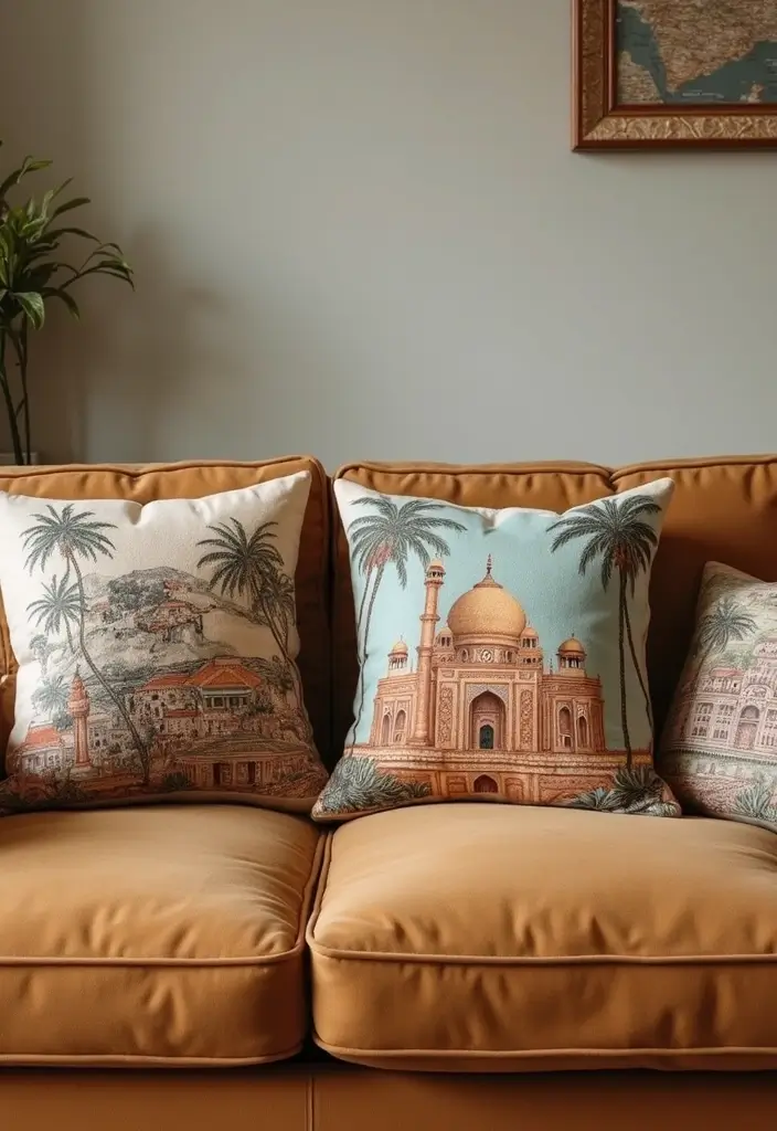 25 Tan Couch Pillow Ideas That Feel Neutral and Inviting 22 25 Tan Couch Pillow Ideas That Feel Neutral and Inviting - 22. Travel-Inspired Pillows