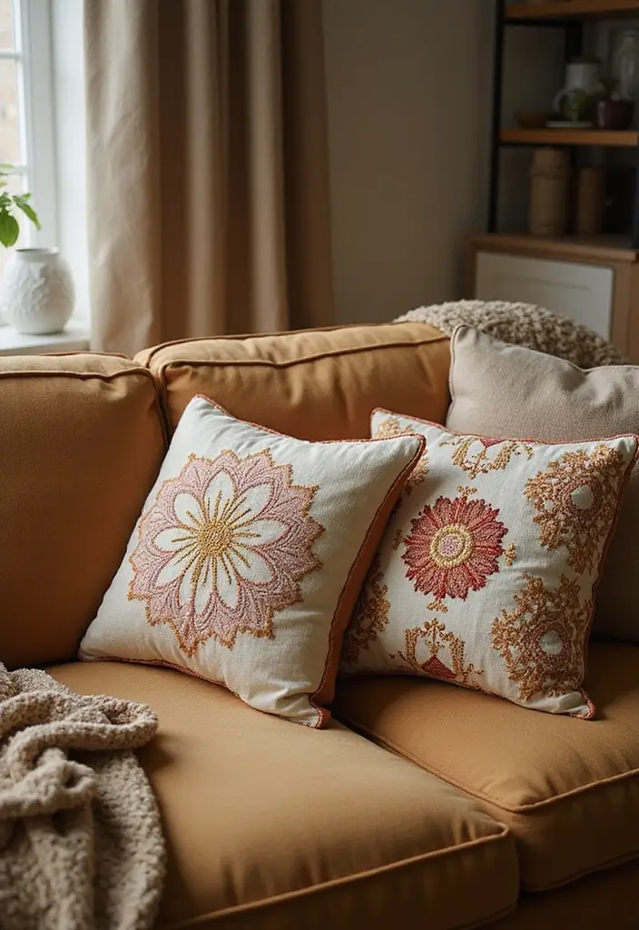 25 Tan Couch Pillow Ideas That Feel Neutral and Inviting 6 25 Tan Couch Pillow Ideas That Feel Neutral and Inviting - 6. Embroidered Details