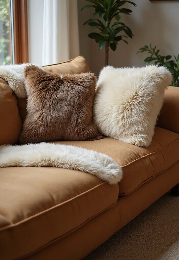 25 Tan Couch Pillow Ideas That Feel Neutral and Inviting 8 25 Tan Couch Pillow Ideas That Feel Neutral and Inviting - 8. Fur and Sheepskin Pillows