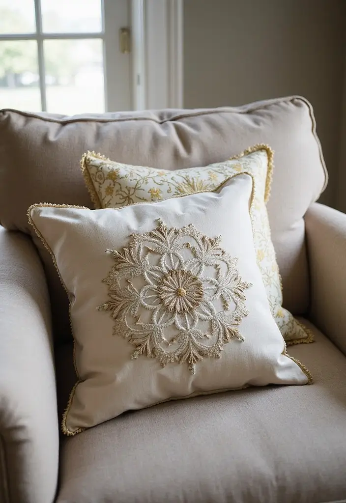 25 Throw Pillows for a Taupe Couch That Look Effortlessly Elegant 5 25 Throw Pillows for a Taupe Couch That Look Effortlessly Elegant - 5. Elegant Embroidery