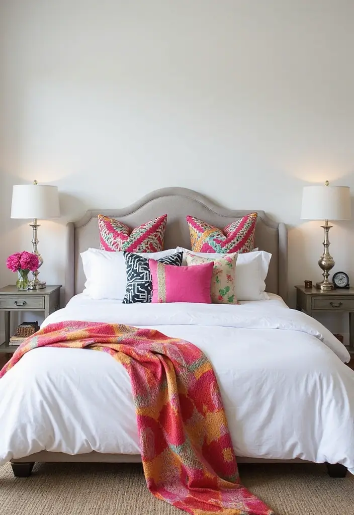 25 White Bedding Ideas with Colorful Pillows That Pop 1 25 White Bedding Ideas with Colorful Pillows That Pop - 1. Vibrant Geometric Patterns