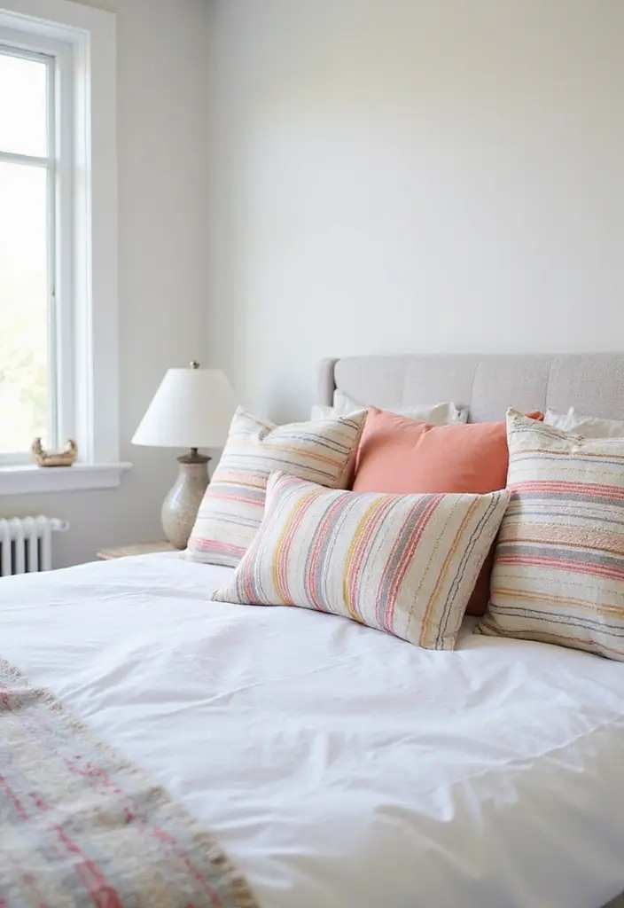 25 White Bedding Ideas with Colorful Pillows That Pop 10 25 White Bedding Ideas with Colorful Pillows That Pop - 10. Playful Stripes