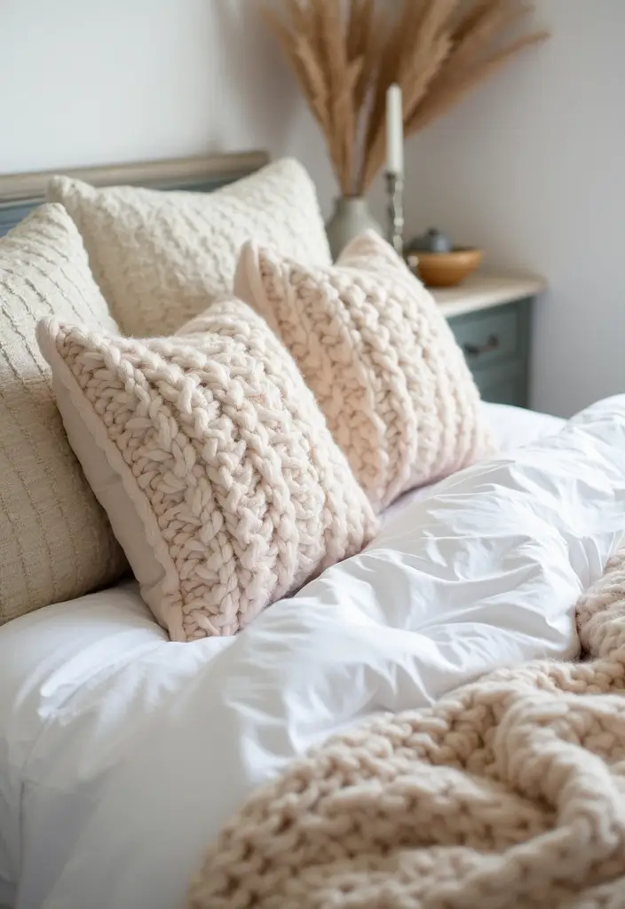 25 White Bedding Ideas with Colorful Pillows That Pop 11 25 White Bedding Ideas with Colorful Pillows That Pop - 11. Textured Knits for Warmth