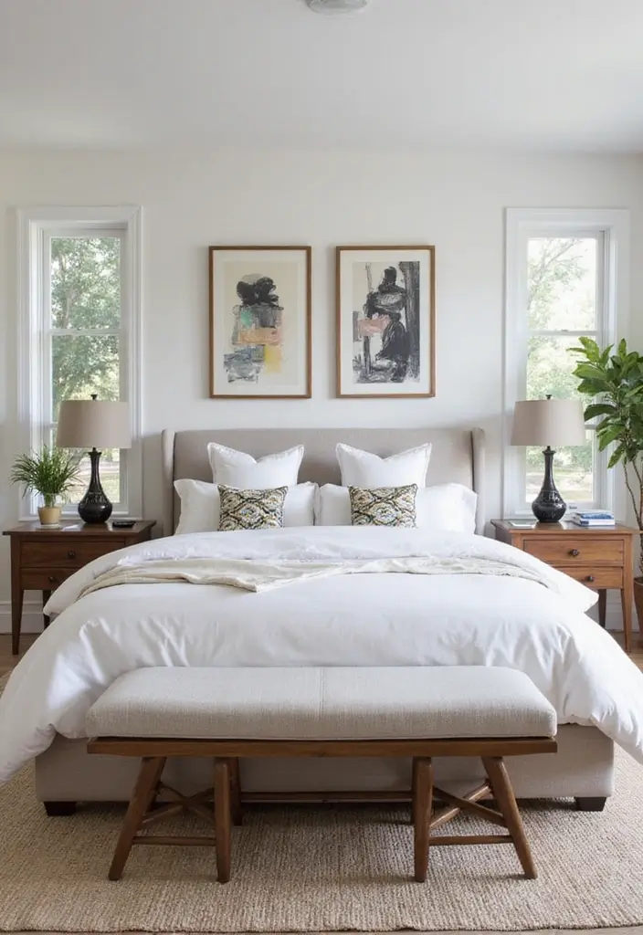 25 White Bedding Ideas with Colorful Pillows That Pop 12 25 White Bedding Ideas with Colorful Pillows That Pop - 12. Modern Art-Inspired Designs
