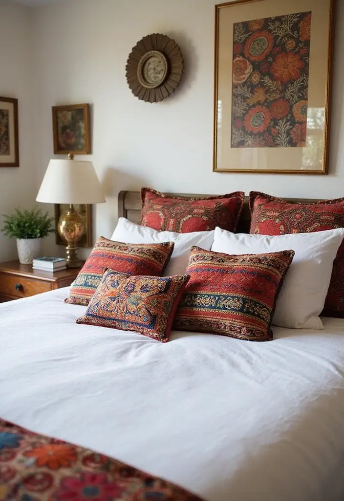 25 White Bedding Ideas with Colorful Pillows That Pop 15 25 White Bedding Ideas with Colorful Pillows That Pop - 15. Ethnic Prints for Cultural Flair