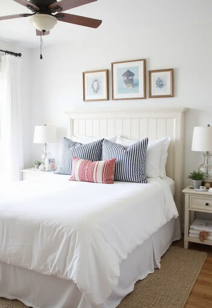 25 White Bedding Ideas with Colorful Pillows That Pop 16 25 White Bedding Ideas with Colorful Pillows That Pop - 16. Nautical Themes with Stripes