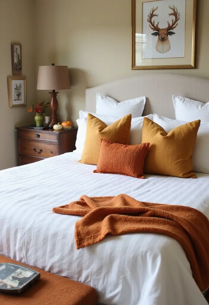 25 White Bedding Ideas with Colorful Pillows That Pop 17 25 White Bedding Ideas with Colorful Pillows That Pop - 17. Seasonal Themes with Fall Colors