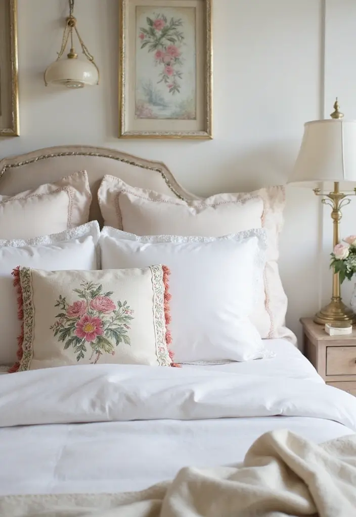25 White Bedding Ideas with Colorful Pillows That Pop 18 25 White Bedding Ideas with Colorful Pillows That Pop - 18. Vintage Florals