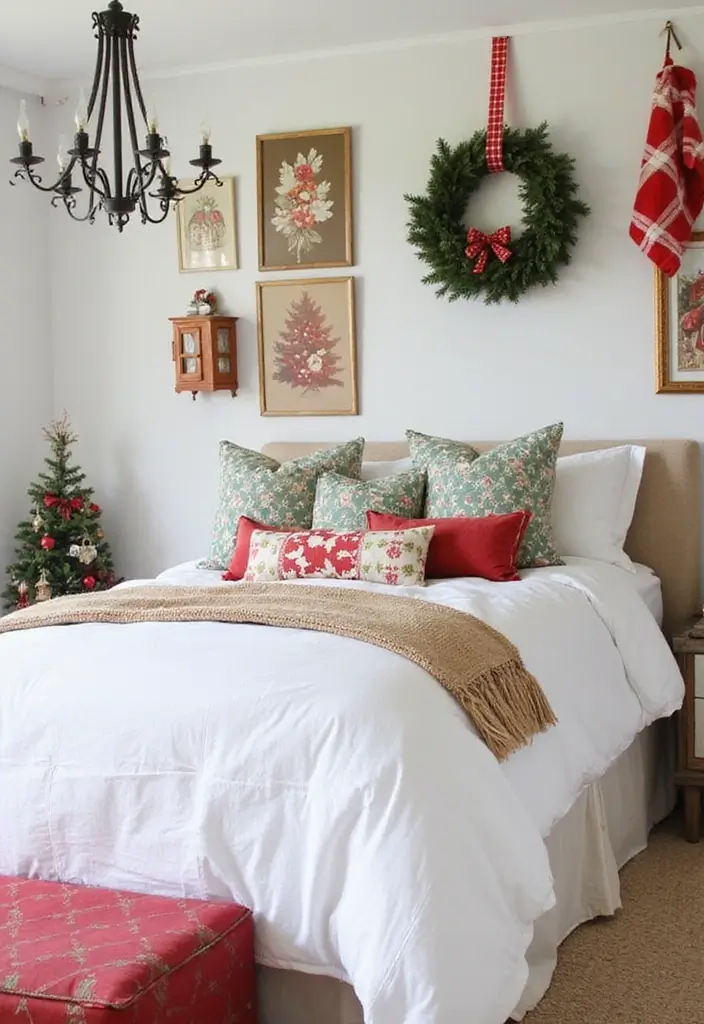 25 White Bedding Ideas with Colorful Pillows That Pop 19 25 White Bedding Ideas with Colorful Pillows That Pop - 19. Festive Holiday Themes