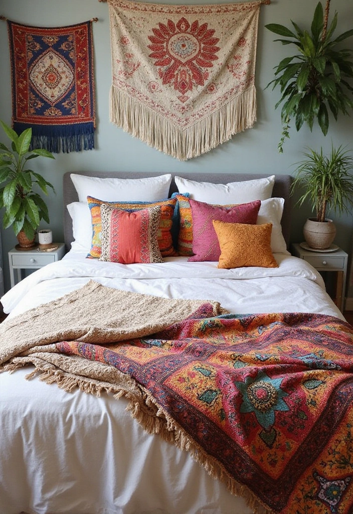25 White Bedding Ideas with Colorful Pillows That Pop 2 25 White Bedding Ideas with Colorful Pillows That Pop - 2. Bohemian Textured Throws