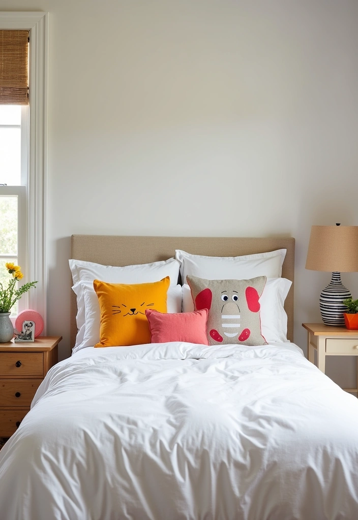 25 White Bedding Ideas with Colorful Pillows That Pop 20 25 White Bedding Ideas with Colorful Pillows That Pop - 20. Whimsical Animal Designs