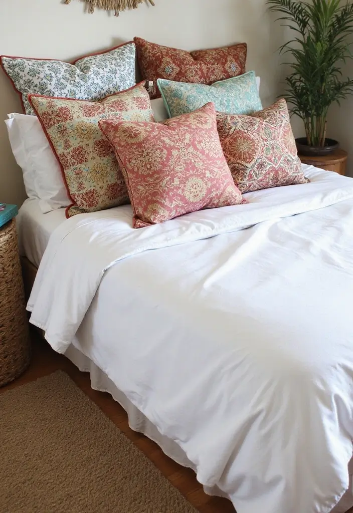 25 White Bedding Ideas with Colorful Pillows That Pop 21 25 White Bedding Ideas with Colorful Pillows That Pop - 21. Layered Patterns