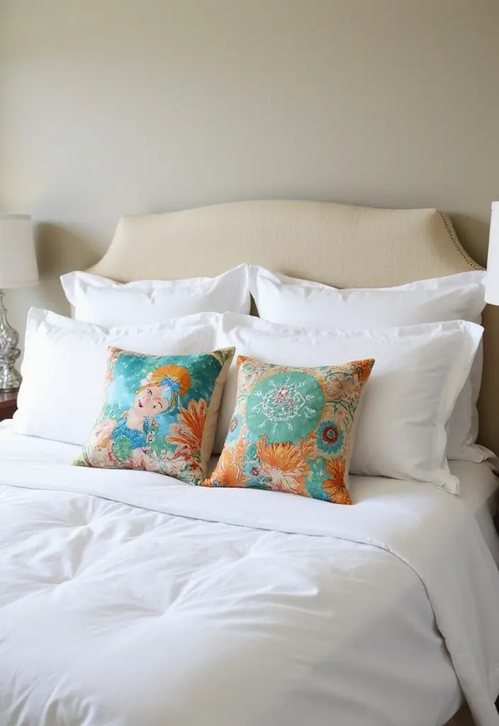 25 White Bedding Ideas with Colorful Pillows That Pop 22 25 White Bedding Ideas with Colorful Pillows That Pop - 22. Personalized Touches