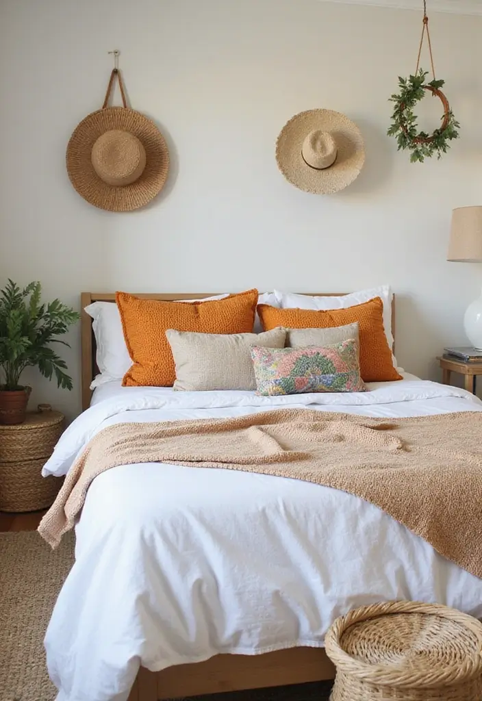 25 White Bedding Ideas with Colorful Pillows That Pop 24 25 White Bedding Ideas with Colorful Pillows That Pop - 24. Bohemian Rattan Elements