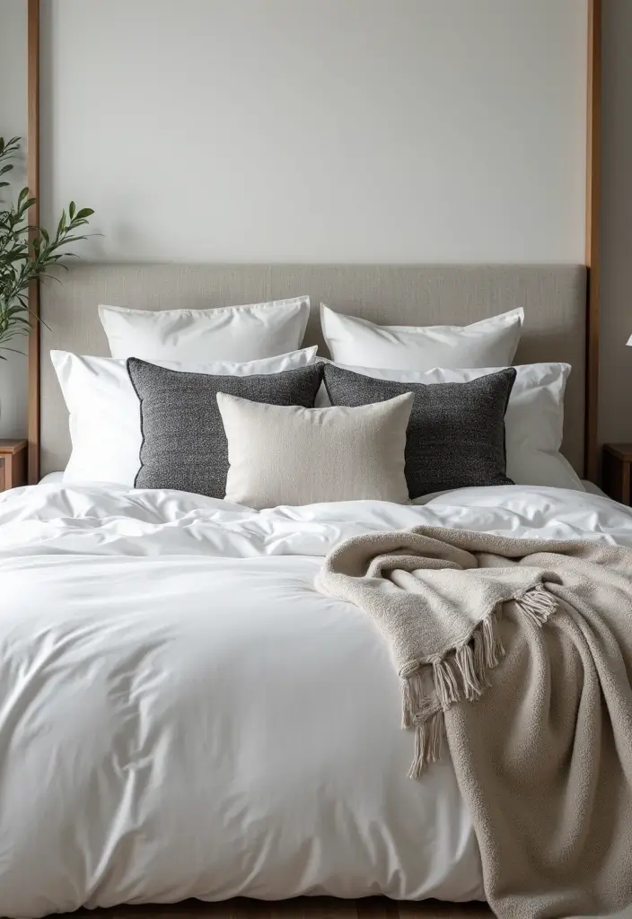 25 White Bedding Ideas with Colorful Pillows That Pop 25 25 White Bedding Ideas with Colorful Pillows That Pop - 25. Layered Monochrome Textures