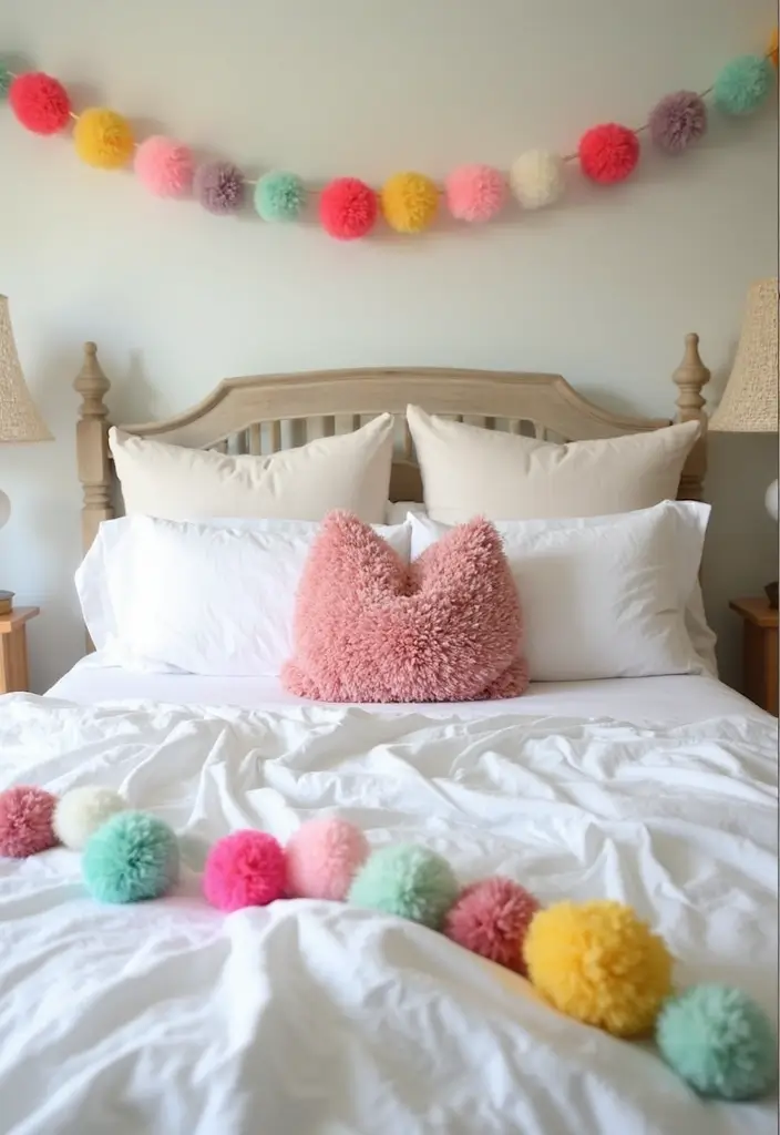 25 White Bedding Ideas with Colorful Pillows That Pop 3 25 White Bedding Ideas with Colorful Pillows That Pop - 3. Playful Pom-Pom Accents