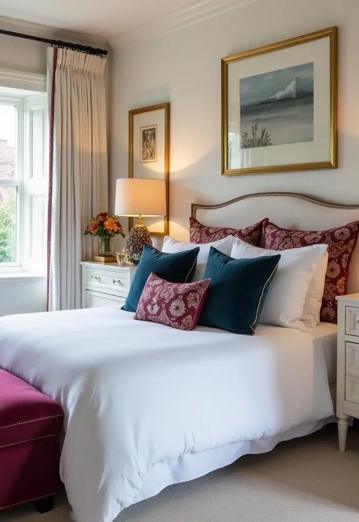 25 White Bedding Ideas with Colorful Pillows That Pop 4 25 White Bedding Ideas with Colorful Pillows That Pop - 4. Rich Jewel Tones