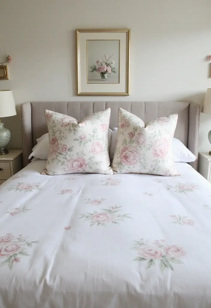 25 White Bedding Ideas with Colorful Pillows That Pop 5 25 White Bedding Ideas with Colorful Pillows That Pop - 5. Floral Patterns for a Romantic Touch