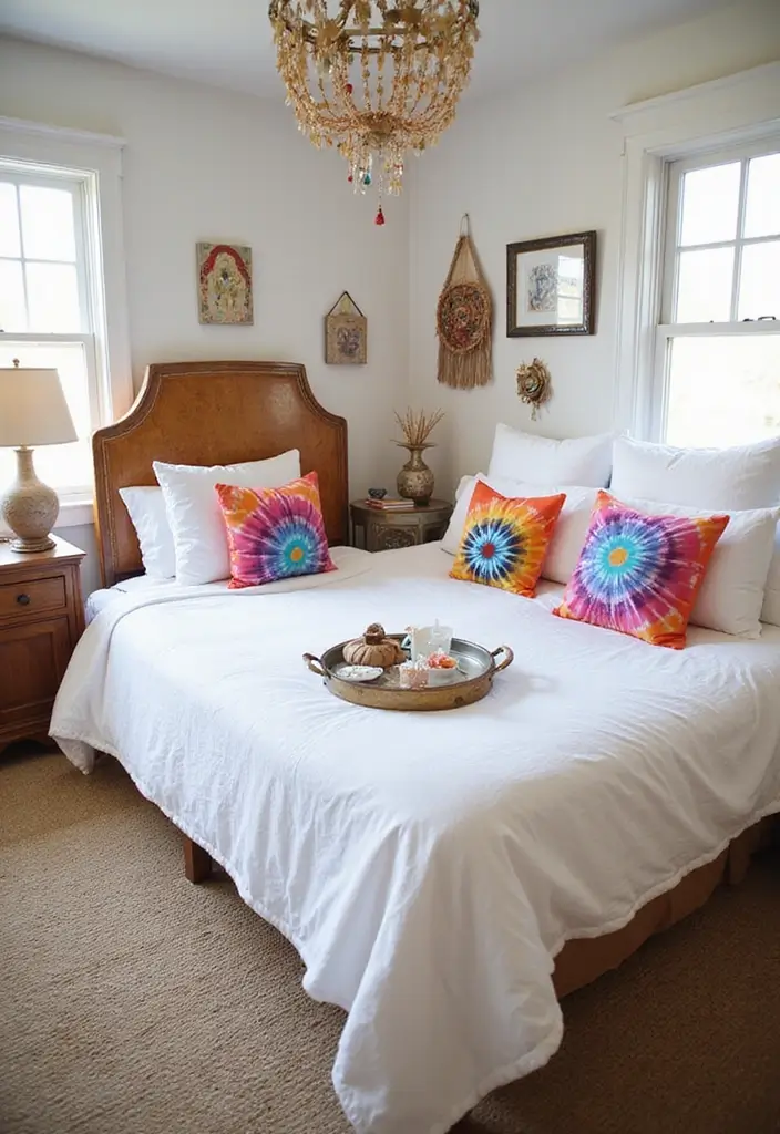 25 White Bedding Ideas with Colorful Pillows That Pop 8 25 White Bedding Ideas with Colorful Pillows That Pop - 8. Whimsical Tie-Dye