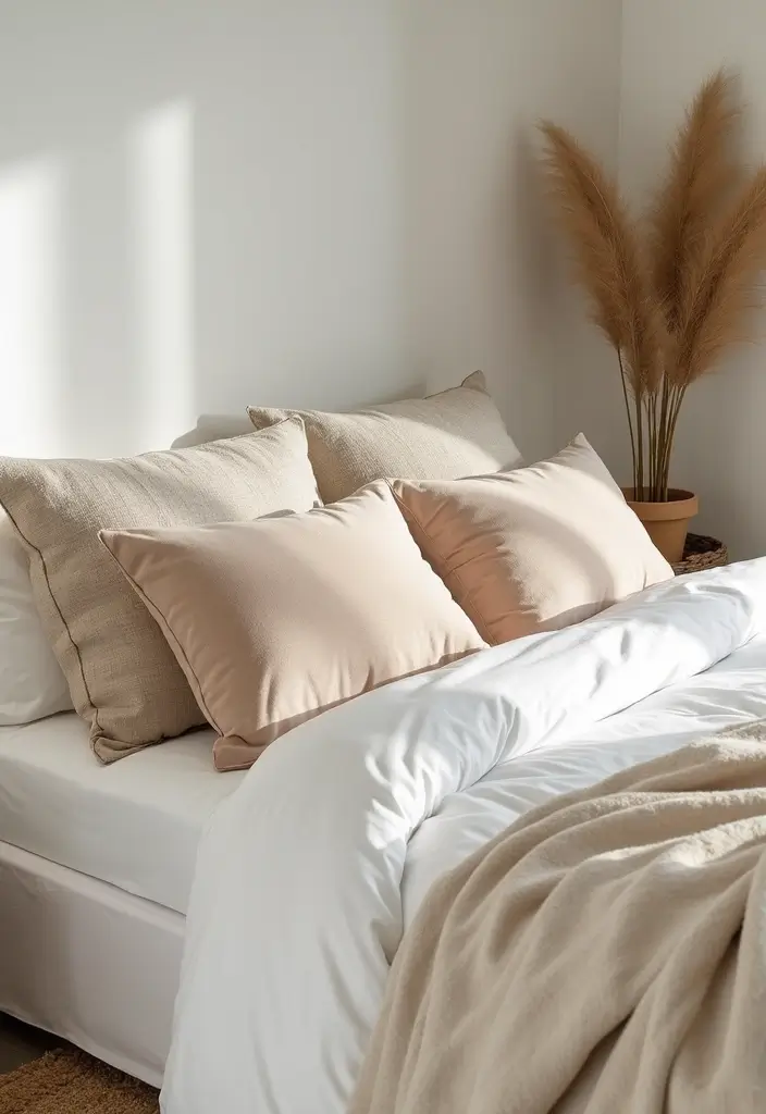 25 White Bedding Ideas with Colorful Pillows That Pop 9 25 White Bedding Ideas with Colorful Pillows That Pop - 9. Earthy Tones for a Calm Vibe