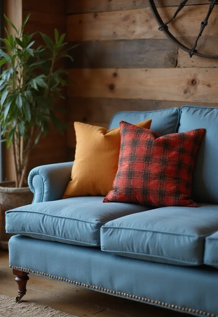 26 Blue Couch with Pillows Color Mixes You’ll Want to Copy 11 26 Blue Couch with Pillows Color Mixes You’ll Want to Copy - 11. Rustic Charm: Cozy and Inviting