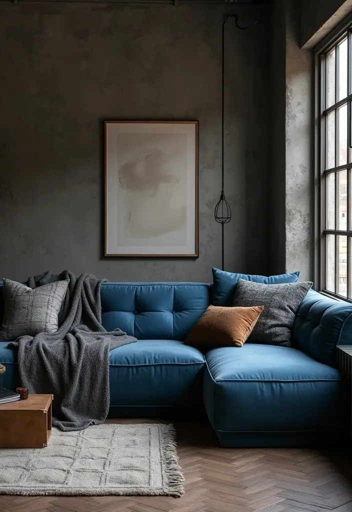 26 Blue Couch with Pillows Color Mixes You’ll Want to Copy 16 26 Blue Couch with Pillows Color Mixes You’ll Want to Copy - 16. Industrial Edge: Urban Chic