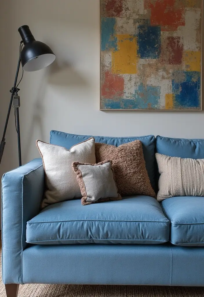 26 Blue Couch with Pillows Color Mixes You’ll Want to Copy 20 26 Blue Couch with Pillows Color Mixes You’ll Want to Copy - 20. Artistic Layering: Stacked Textures