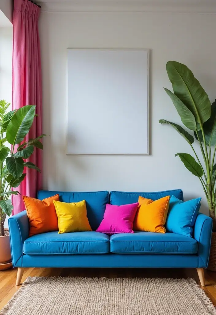 26 Blue Couch with Pillows Color Mixes You’ll Want to Copy 5 26 Blue Couch with Pillows Color Mixes You’ll Want to Copy - 5. Bright and Bold: Eye-Catching Contrasts