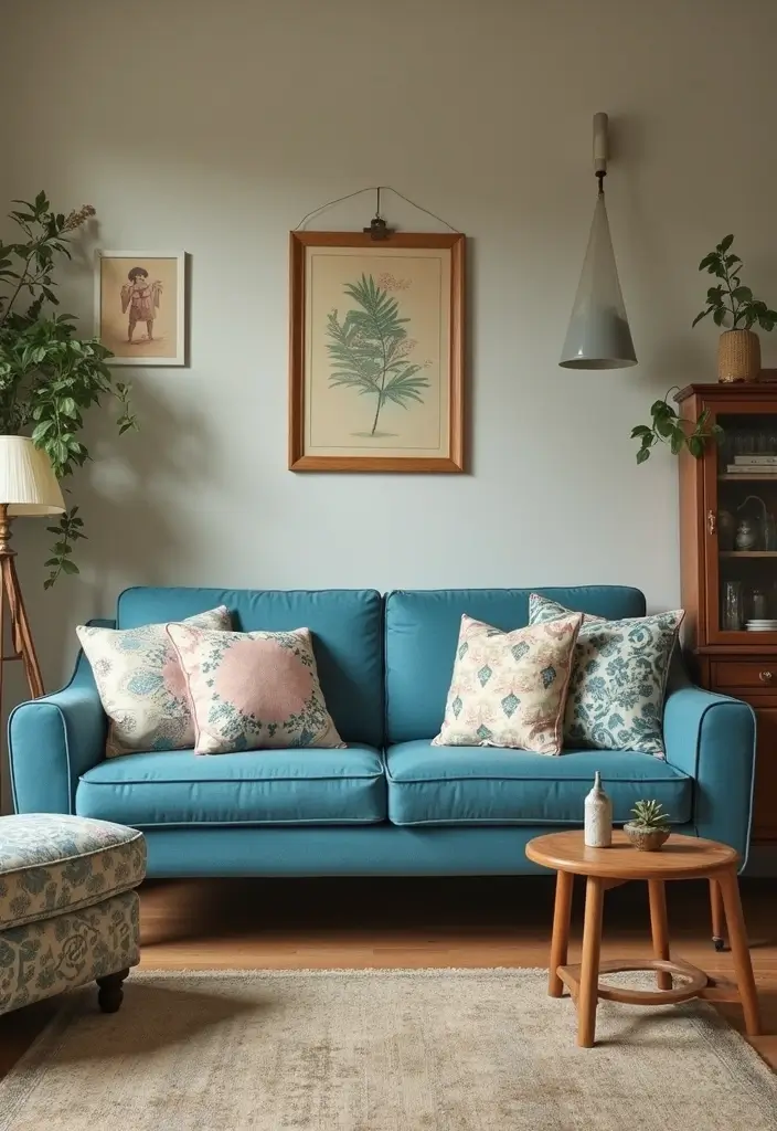26 Blue Couch with Pillows Color Mixes You’ll Want to Copy 8 26 Blue Couch with Pillows Color Mixes You’ll Want to Copy - 8. Vintage Vibes: Retro Patterns and Colors