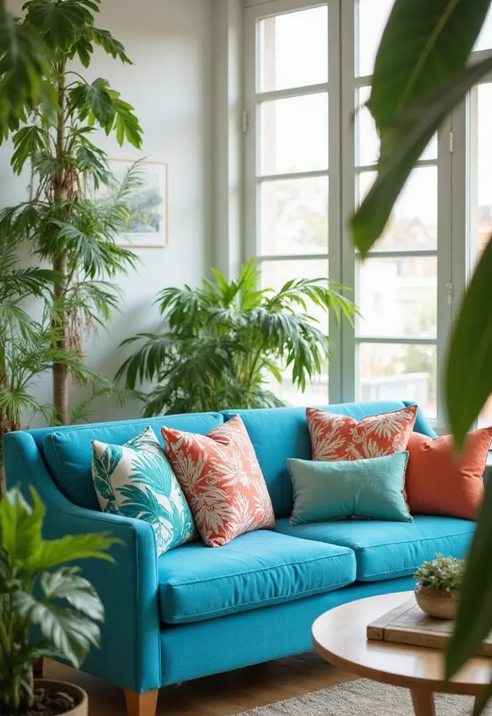 26 Blue Couch with Pillows Color Mixes You’ll Want to Copy 9 26 Blue Couch with Pillows Color Mixes You’ll Want to Copy - 9. Tropical Paradise: A Splash of Color