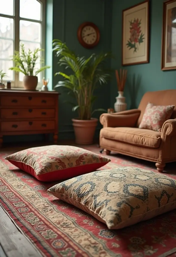 26 Floor Pillow Ideas for Living Rooms: Cozy and Functional Decor 11 26 Floor Pillow Ideas for Living Rooms: Cozy and Functional Decor - 11. Vintage Charm