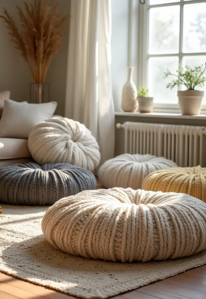26 Floor Pillow Ideas for Living Rooms: Cozy and Functional Decor 15 26 Floor Pillow Ideas for Living Rooms: Cozy and Functional Decor - 15. Cozy Knits