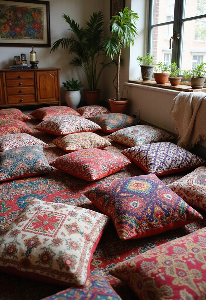 26 Floor Pillow Ideas for Living Rooms: Cozy and Functional Decor 16 26 Floor Pillow Ideas for Living Rooms: Cozy and Functional Decor - 16. Ethnic Prints