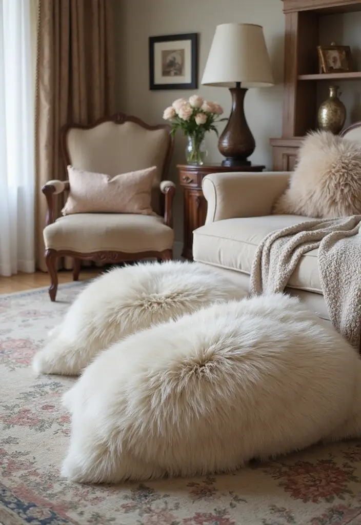 26 Floor Pillow Ideas for Living Rooms: Cozy and Functional Decor 17 26 Floor Pillow Ideas for Living Rooms: Cozy and Functional Decor - 17. Faux Fur Fabulous