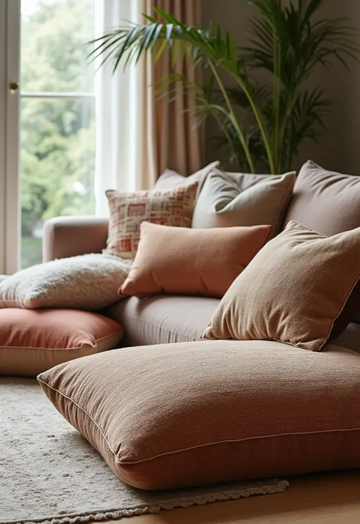 26 Floor Pillow Ideas for Living Rooms: Cozy and Functional Decor 20 26 Floor Pillow Ideas for Living Rooms: Cozy and Functional Decor - 20. Layered Luxury