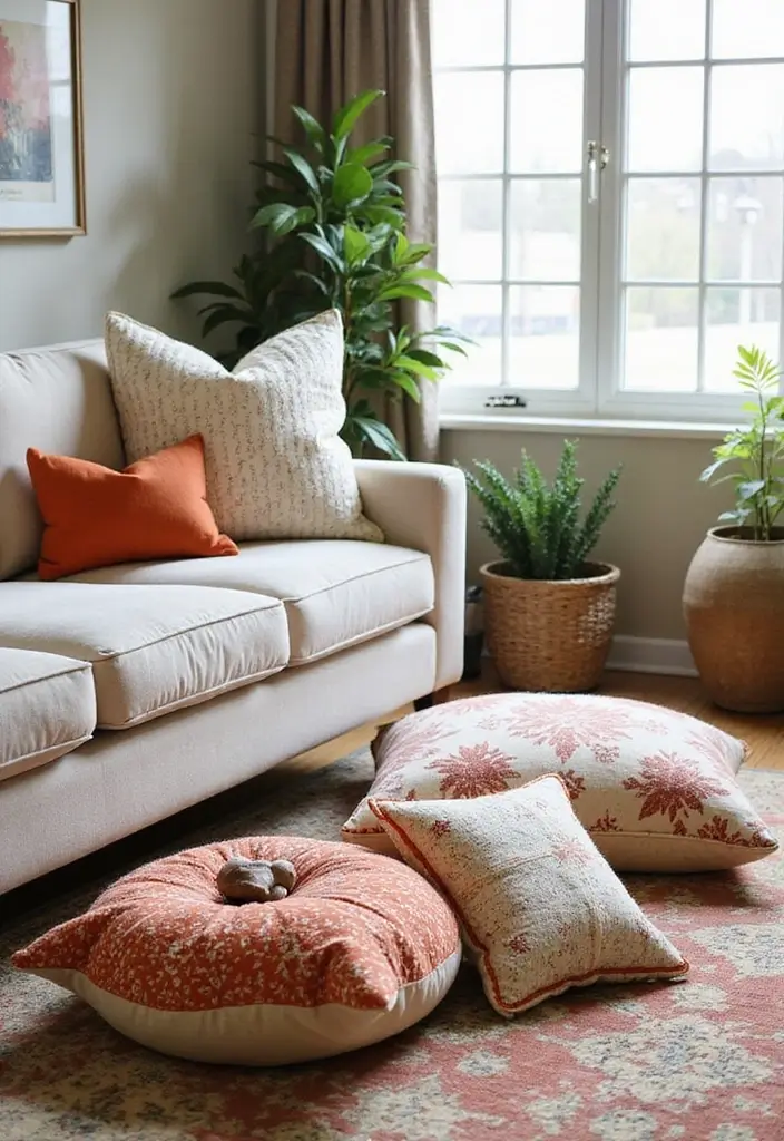 26 Floor Pillow Ideas for Living Rooms: Cozy and Functional Decor 21 26 Floor Pillow Ideas for Living Rooms: Cozy and Functional Decor - 21. Seasonal Switch