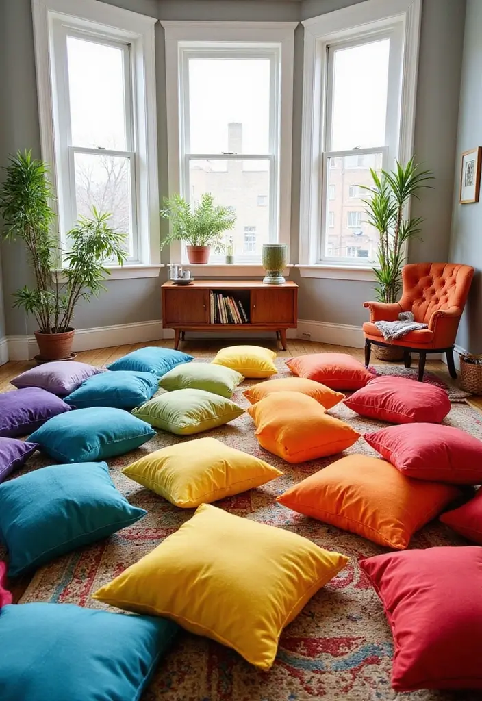 26 Floor Pillow Ideas for Living Rooms: Cozy and Functional Decor 23 26 Floor Pillow Ideas for Living Rooms: Cozy and Functional Decor - 23. Rainbow Connection