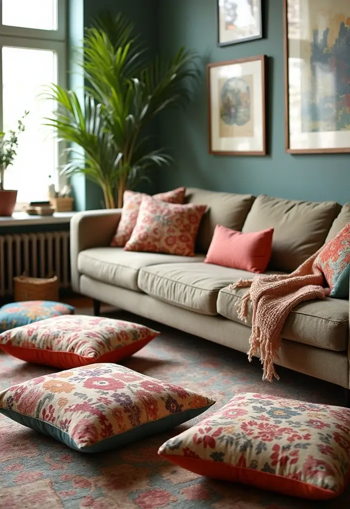 26 Floor Pillow Ideas for Living Rooms: Cozy and Functional Decor 25 26 Floor Pillow Ideas for Living Rooms: Cozy and Functional Decor - 25. Vintage Revival