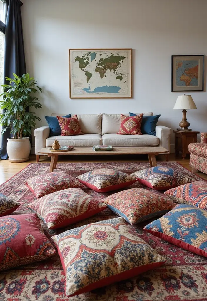 26 Floor Pillow Ideas for Living Rooms: Cozy and Functional Decor 9 26 Floor Pillow Ideas for Living Rooms: Cozy and Functional Decor - 9. Travel-Inspired