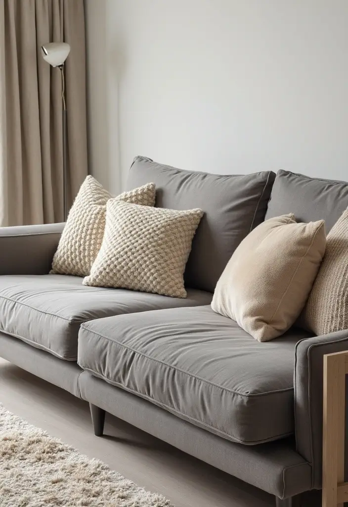 26 Grey Couch with Beige Pillows That Feel Perfectly Balanced 2 26 Grey Couch with Beige Pillows That Feel Perfectly Balanced - 2. Textured Pillows for Added Depth