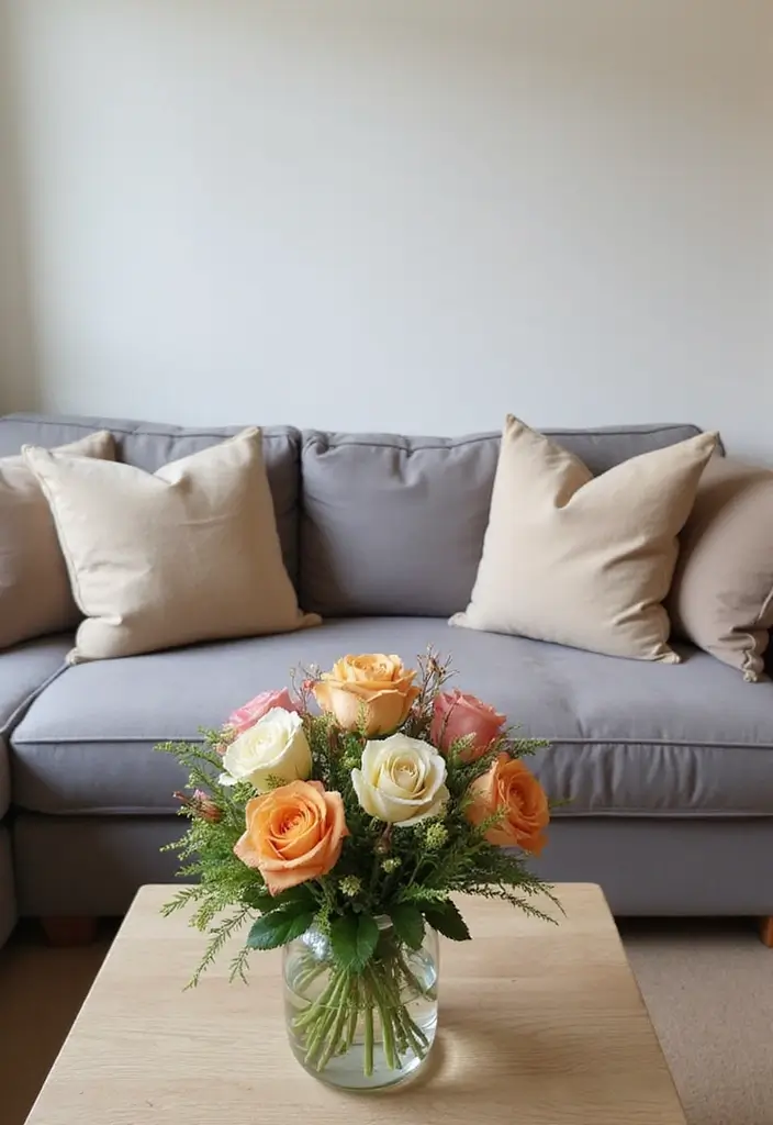 26 Grey Couch with Beige Pillows That Feel Perfectly Balanced 22 26 Grey Couch with Beige Pillows That Feel Perfectly Balanced - 22. Fresh Floral Arrangements