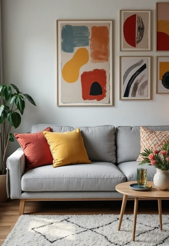 26 Grey Sofa with Pillows Ideas: Neutral Yet Never Boring 12 26 Grey Sofa with Pillows Ideas: Neutral Yet Never Boring - 12. Artistic Prints