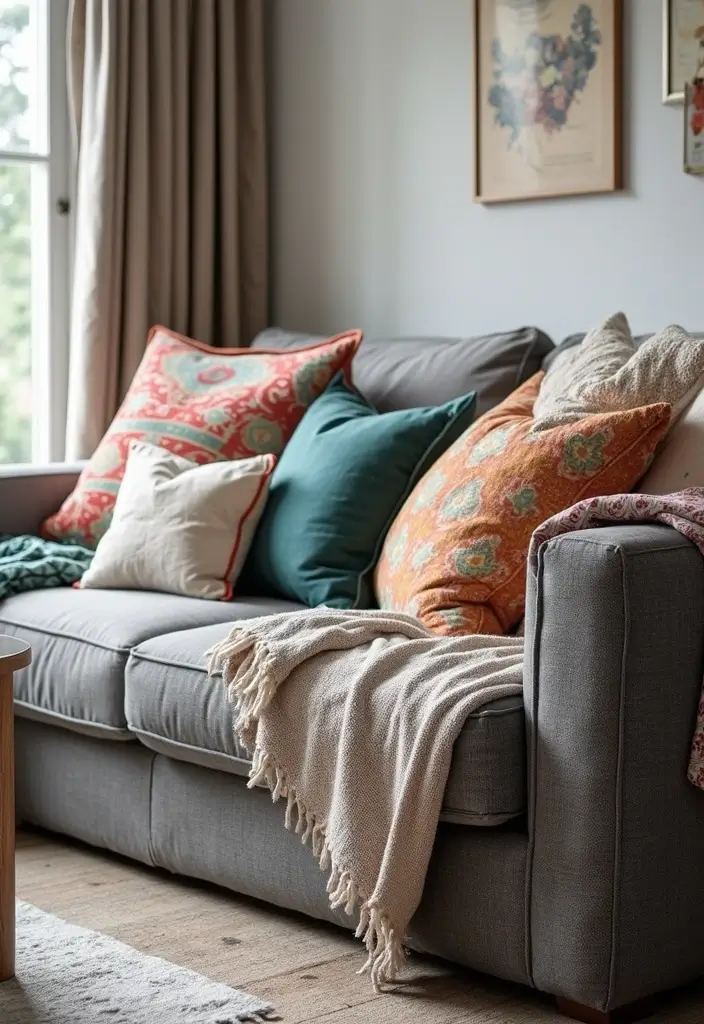 26 Grey Sofa with Pillows Ideas: Neutral Yet Never Boring 14 26 Grey Sofa with Pillows Ideas: Neutral Yet Never Boring - 14. Mix and Match
