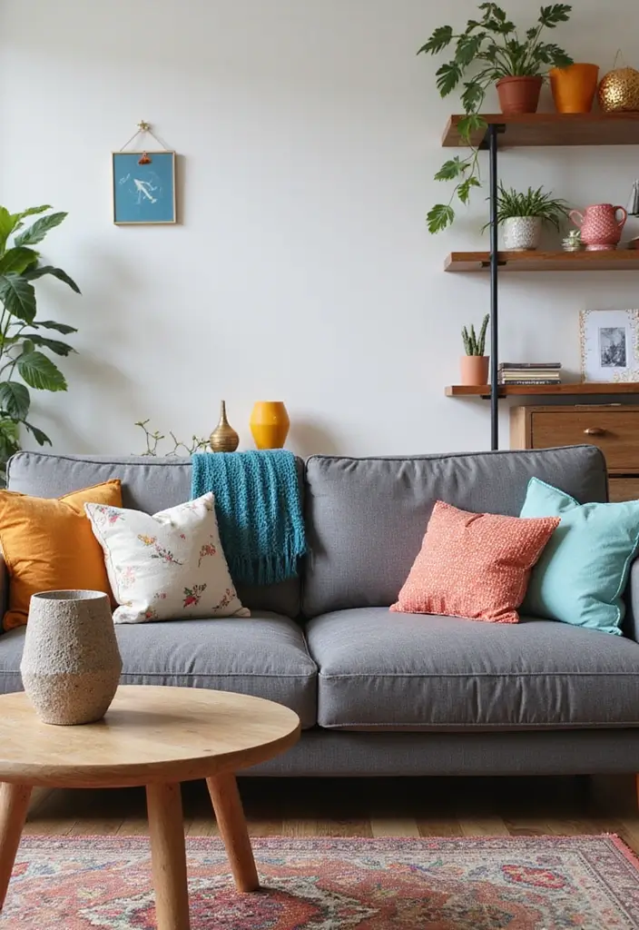 26 Grey Sofa with Pillows Ideas: Neutral Yet Never Boring 16 26 Grey Sofa with Pillows Ideas: Neutral Yet Never Boring - 16. Playful Shapes