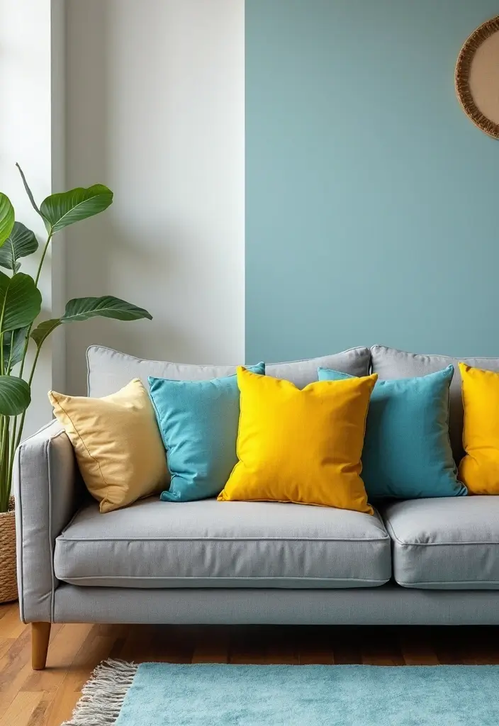 26 Grey Sofa with Pillows Ideas: Neutral Yet Never Boring 2 26 Grey Sofa with Pillows Ideas: Neutral Yet Never Boring - 2. Pop of Color